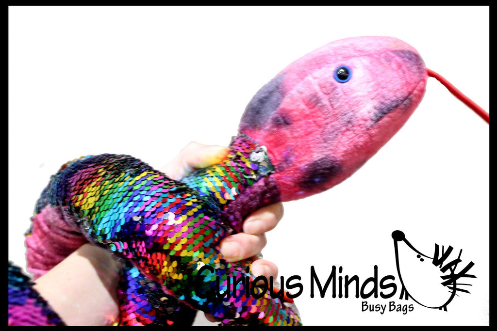 Jumbo 64" Plush Snake with Mermaid 2 Color Reversible Sequin Scales -  Stuffed Sensory Fidget Toy