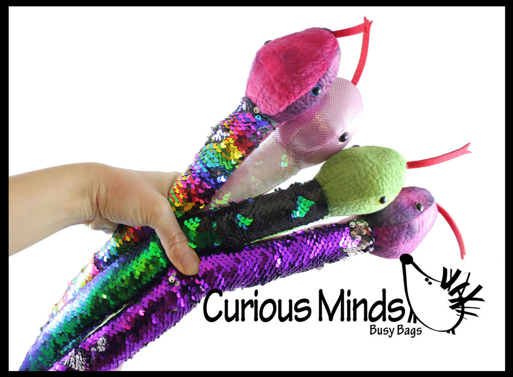 26" Plush Snake with Mermaid 2 Color Reversible Sequin Scales -  Stuffed Sensory Fidget Toy