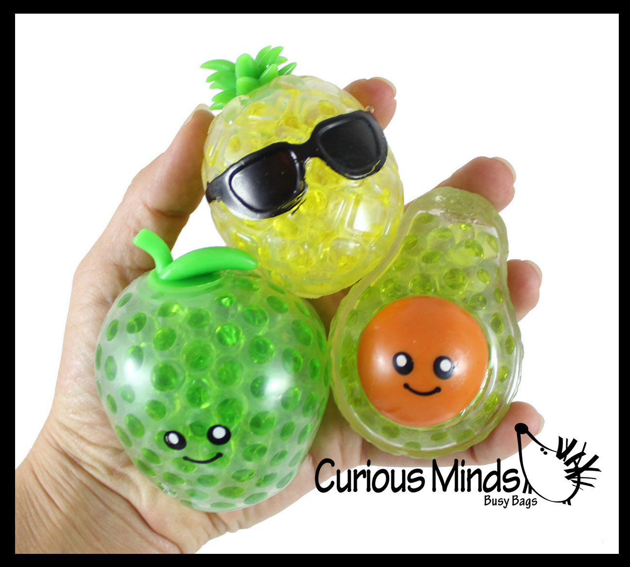 Small Fruit Water Bead Filled Squeeze Stress Balls with Faces - Sensory, Stress, Fidget Toy - Pineapple, Strawberry, Avocado, Watermelon, Apple