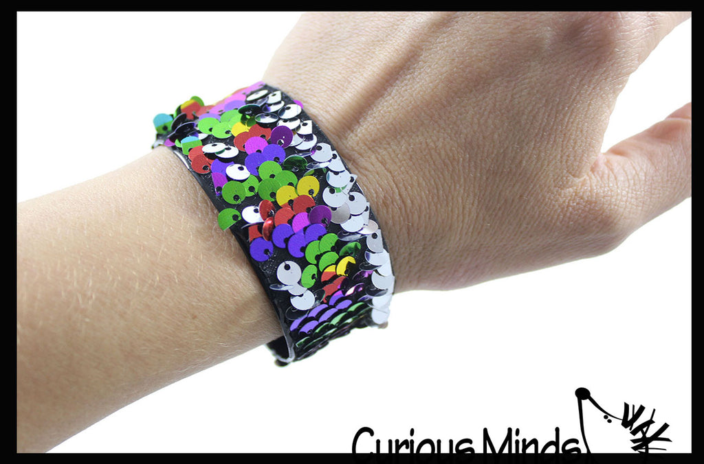 LAST CHANCE - LIMITED STOCK  - SALE - Slap Bracelet with Mermaid 2 Color Reversible Sequin Scales -  Sensory Fidget Toy