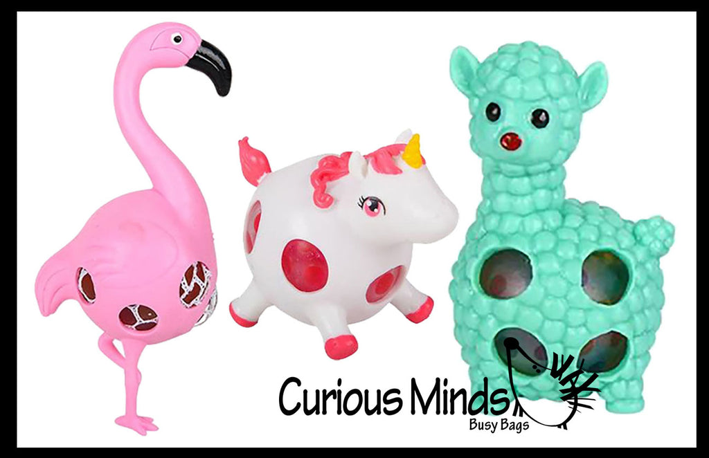 3 Girly Stress Balls - Alpaca, Unicorn, and Flamingo Squishy Blob Mesh Ball with Soft Web - Squishy Fidget Balls