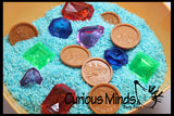 Large Gem and Coin Treasure Hunt Sand Toy - Dig sift and find buried coins jewels and gems.  Sensory bin