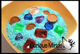 Large Gem and Coin Treasure Hunt Sand Toy - Dig sift and find buried coins jewels and gems.  Sensory bin