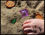 Large Gem and Coin Treasure Hunt Sand Toy - Dig sift and find buried coins jewels and gems.  Sensory bin