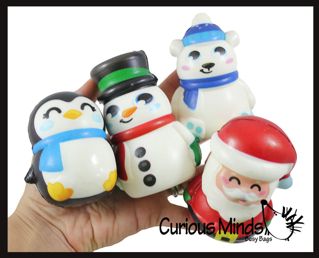 Set of 4 Christmas Winter Animal Slow Rise Squishy Toys - Memory Foam Squish Stress Ball - Penguin, Snowman, Polar Bear, Santa