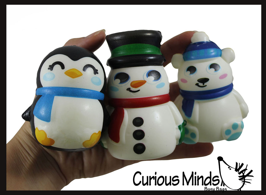 Set of 3 Winter Animal Slow Rise Squishy Toys - Memory Foam Squish Stress Ball - Penguin, Snowman, Polar Bear