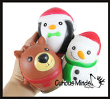 Set of 3 Winter Themed Slow Rise Squishy Toys - Penguin, Snowman, Reindeer - Memory Foam Squish Stress Ball - Winter Christmas