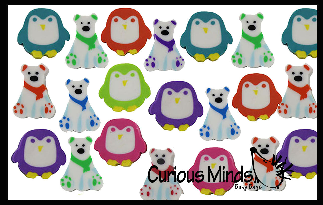 DGjianfei 60pcs Winter Theme Motivational Mini Erasers Bulk Winter Season  Cute Penguin Snowman Seal Owl Polar Bear Miniture Pencil Erasers Cartoon